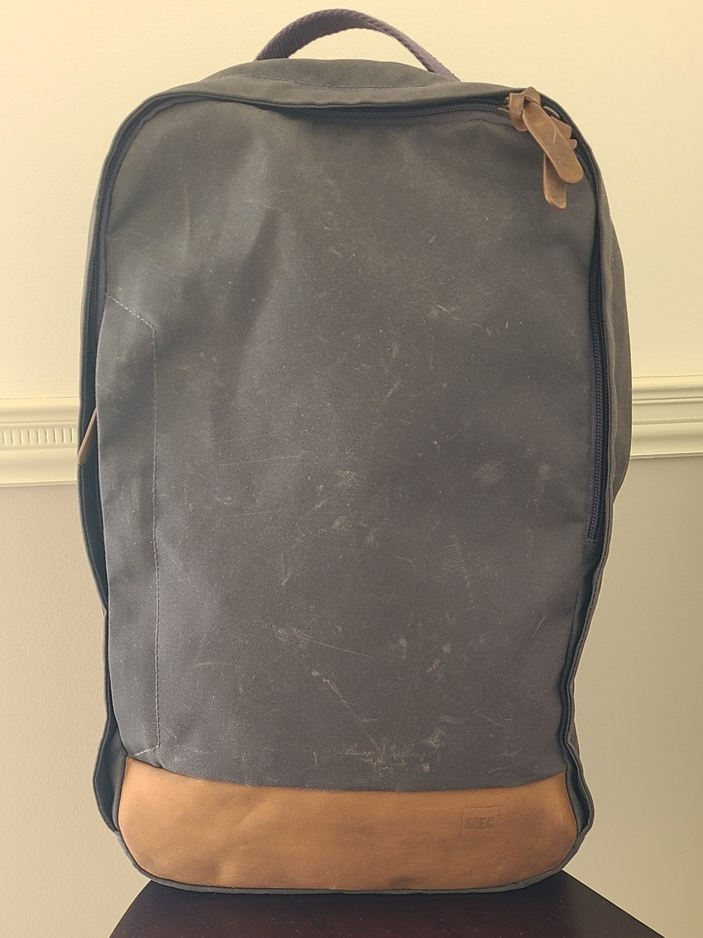 MEC Canvas Backpack in Charcoal with Brown Leather Base